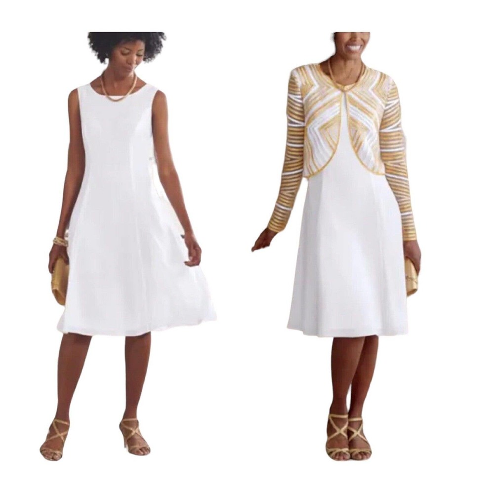 ASHRO Ribbon Trim Soutache Formal Cocktail White Midi Jacket Dress Church Suit
